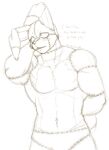  2015 anthro athletic athletic_anthro athletic_male blush dialogue english_text five_nights_at_freddy&#039;s five_nights_at_freddy&#039;s_4 hand_behind_back hand_behind_head hi_res lagomorph leporid male mammal monochrome muscular muscular_anthro muscular_male nukde pecs plushtrap_(fnaf) rabbit scottgames sharp_teeth sketch solo standing stitch_(sewing) teeth text video_games 