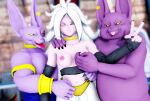  3d_(artwork) alien alien_humanoid anthro beerus belly breasts champa digital_media_(artwork) domestic_cat dragon_ball dragon_ball_fighterz dragon_ball_super felid feline felis female group hair hairless hairless_cat hi_res humanoid majin_android_21 male malicekira mammal muscular muscular_male nipples open_mouth overweight overweight_male pink_body pink_skin sphynx_(cat) white_hair 