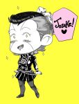  1girl bow breasts chibi dollar_sign drooling facial_mark gakuran genderswap genderswap_(mtf) hair_bow jojo_no_kimyou_na_bouken miniskirt multicolored_hair nijimura_okuyasu pantyhose pleated_skirt pompadour scar school_uniform skirt solo sparkle sparkling_eyes speech_bubble tariah_furlow two-tone_hair yellow_background yen_sign 