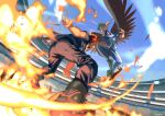  2boys blue_sky boku_no_hero_academia endeavor_(boku_no_hero_academia) feathered_wings fighting fighting_stance fire fisheye hawks_(boku_no_hero_academia) highres male_focus midair multiple_boys muscular muscular_male ozke red_feathers school_uniform sky special_moves sports_festival stadium toned toned_male wings 