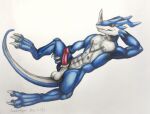  2021 anthro balls bandai_namco colored_pencil_(artwork) digimon digimon_(species) erection exveemon genitals lying male nude on_back penis presenting reptile scalie simple_background smile solo superagro traditional_media_(artwork) 