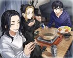  3boys 58hrprtr ^_^ animal baji_keisuke bangs black_hair black_shirt blonde_hair blue_eyes blue_hoodie bowl can cat chopsticks closed_eyes couch earrings eating food hair_between_eyes hair_bun hanemiya_kazutora highres hood hood_down hoodie indoors jewelry kotatsu long_hair long_sleeves male_focus matsuno_chifuyu multicolored_hair multiple_boys open_mouth shirt single_earring smile sparkling_eyes sweatdrop table tokyo_revengers two-tone_hair upper_body white_shirt yellow_eyes 