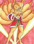  anthro aroused bathrobe breasts canid canine christmas christmas_clothing clitoris clothing exposed_breasts female fox fur genitals holidays mammal ninetales nintendo nipples nyghtmar3 pinup pok&eacute;mon pok&eacute;mon_(species) pok&eacute;morph pose pussy robe simone simple_background solo traditional_media_(artwork) video_games yellow_body yellow_fur 