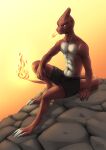  2021 anthro anthrofied athletic barefoot blivery bottomwear breath_powers charmeleon claws clothed clothing elemental_manipulation feet fire fire_breathing fire_manipulation flaming_tail frown hi_res looking_at_viewer male mostly_nude muscular muscular_male nintendo pok&eacute;mon pok&eacute;mon_(species) pok&eacute;morph scowl shorts signature sitting solo topless video_games 