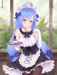  1girl absurdres ahoge alternate_costume alternate_hairstyle apron azur_lane bangs blue_bow blue_hair bow center_frills cup dress elbow_gloves english_commentary enmaided eyebrows_visible_through_hair frills gloves hair_bow hair_intakes heart helena_(azur_lane) highres holding holding_tray indoors kyl490 leaning_forward long_hair looking_at_viewer low_twintails maid plant purple_eyes ribbon_legwear sleeveless sleeveless_dress solo spoken_heart spoon standing sugar_cube swept_bangs tea teacup thighhighs tray twintails waist_apron window 