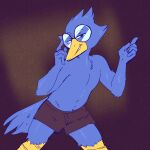  5_fingers anthro avian beak bedroom_eyes berdly bird blue_body blue_feathers boxer_briefs bulge clothed clothing currentlytr_ash deltarune eyebrows eyewear feathers featureless_chest fingers gesture glasses grey_eyes hi_res looking_at_viewer male narrowed_eyes navel pointing portrait raised_eyebrow seductive simple_background smile smug solo standing tail_feathers three-quarter_portrait undertale_(series) underwear underwear_only video_games yellow_beak 