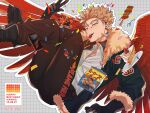  1boy blonde_hair boku_no_hero_academia boots cake cake_slice candy cellphone character_doll character_name character_print chips confetti earrings english_text facial_hair feathered_wings food fruit fur-trimmed_jacket fur_trim gloves happy_birthday hawks_(boku_no_hero_academia) jacket jewelry lollipop looking_at_viewer male_focus patterned_background phone potato_chips red_feathers scar scar_on_neck strawberry stud_earrings translated v viol_vrt wings yakitori 