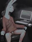  2021 7b7a2f briefs bulge chair clothing computer detailed_background footwear furniture hi_res hoodie lagomorph leporid long_neck looking_at_viewer male mammal rabbit red_clothing red_hoodie red_topwear signature sitting sitting_on_chair socks solo topwear underwear white_body white_hands white_legs 