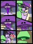  ! &lt;3 anthro big_breasts big_butt blush bodily_fluids breasts butt comic female female/female fungus green_body group hi_res kouh laugh long_tongue mushroom purple_body smile tears text tongue 