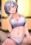  1girl absurdres akahito blurry breasts cleavage depth_of_field doujinshi finger_to_own_chin grey_eyes grey_hair hair_ornament hairclip highres open_mouth original short_hair sitting solo sport sports_bra sportswear spread_legs sweatdrop v window 