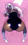  1girl absurdres all_fours ass ass_focus back bed_sheet cameltoe dark-skinned_female dark_skin from_above gloves headband high_heels highres long_hair looking_back namaniku_atk official_art pointy_ears sansei_muramasa scan socks solo soukou_akki_muramasa swimsuit 