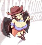  1girl bandana bangs bare_shoulders black_hair black_wings blue_shirt boots breasts brown_headwear cleavage cowboy_boots cowboy_hat cowboy_western feathered_wings flannel freckles full_body hat highres horse_girl kurokoma_saki large_breasts long_hair off-shoulder_shirt off_shoulder ponytail quarium red_eyes scarf shirt smile solo touhou wings 