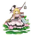  1girl black_headwear blonde_hair book bow braid broom commentary_request flower frilled_hat frills hat hat_bow kaigen_1025 kirisame_marisa lantern long_hair looking_at_viewer open_mouth reading simple_background sitting smile solo star_(symbol) touhou wetland white_background white_bow witch_hat yellow_eyes 