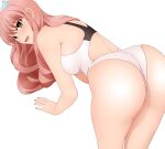  all_fours ass breasts brown_eyes competition_swimsuit eyebrows_visible_through_hair fate/grand_order fate_(series) long_hair looking_at_viewer looking_back medb_(fate) medium_breasts one-piece_swimsuit open_mouth pink_hair smile swimsuit tiara two-tone_swimsuit white_background white_swimsuit yadokari_genpachirou 