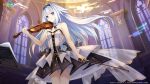  1girl arusu_maria bare_arms bare_shoulders blue_eyes breasts cleavage closed_mouth date_a_live date_a_live:_spirit_pledge flower hairband highres indoors instrument long_hair looking_at_viewer nightgown official_art smile solo standing violin white_hair 