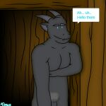  anthro dark_body dialogue dragon drew_the_mountain glowing glowing_eyes hi_res horn male nude solo speech_bubble talking_to_viewer wall_(structure) wood_wall 