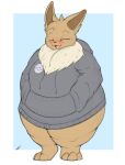  anthro barefoot blush breasts brown_body brown_fur clothed clothing eevee eyes_closed feet female front_view fur hi_res huge_thighs nintendo obese obese_anthro obese_female open_mouth open_smile overweight overweight_anthro overweight_female pok&eacute;mon pok&eacute;mon_(species) simple_background smile solo standing sweatshirt swolptr thick_thighs three-quarter_view video_games white_body white_fur wide_hips 