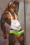  2016 5_fingers alcohol anthro armpit_hair beer beverage biceps biped black_body black_claws black_fur black_nose body_hair bottle bottomwear briefs brown_body brown_fur brown_hair bulge canid canine canis claws clothed clothing desidobie digital_media_(artwork) dobermann domestic_dog ear_piercing erection erection_under_clothing fingerless_(marking) fingers front_view fur genital_outline genitals green_bottomwear green_clothing green_eyes green_underwear hair hand_behind_head hi_res holding_bottle holding_object male mammal multicolored_body multicolored_fur muscular muscular_anthro muscular_male mystikfox61 nipple_piercing nipples open_mouth pecs penis penis_outline piercing pink_nipples pinscher portrait shirt short_hair signature snout solo standing tank_top three-quarter_portrait topwear two_tone_body two_tone_fur underwear white_clothing white_shirt white_topwear 