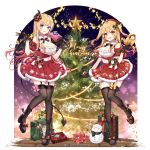  2girls :d ahoge bangs beret black_footwear black_gloves black_legwear black_wings blonde_hair blue_eyes blush boots box breasts brown_eyes christmas christmas_tree cleavage commentary_request cross-laced_footwear demon_girl demon_horns demon_tail demon_wings detached_sleeves dress eyebrows_visible_through_hair flower fur-trimmed_dress fur_trim garter_straps gift gift_box gloves gradient_hair hands_up hat highres holding holding_gift hololive horns lace-up_boots large_breasts long_hair looking_at_viewer merry_christmas multicolored_hair multiple_girls official_art pleated_dress puffy_short_sleeves puffy_sleeves red_dress red_flower red_hair red_headwear red_sleeves santa_costume short_sleeves sleeveless sleeveless_dress smile snowman star_(symbol) tail taya_oco thighhighs thighhighs_under_boots two_side_up very_long_hair virtual_youtuber watermark wing_hair_ornament wings yozora_mel yuzuki_choco 