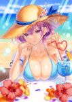  1girl alternate_costume arm_cuffs beach bikini blue_bikini blue_ribbon blue_sky breast_rest breasts cleavage cloud cloudy_sky collarbone commentary crazy_straw cup day drink drinking_straw eyebrows_visible_through_hair flower food fruit hair_between_eyes hair_ribbon hat heart_straw hibiscus kuwa_analog large_breasts light_particles light_rays looking_at_viewer making-of_available marker_(medium) ocean orange_(fruit) orange_slice outdoors parted_lips petals purple_eyes purple_hair ribbon saigyouji_yuyuko short_hair sitting sky smile solo straw_hat sunlight swimsuit table touhou traditional_media triangular_headpiece upper_body 