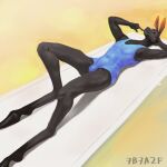  2021 5_fingers 7b7a2f anthro beach beach_towel black_body black_skin bulge clothing deep_navel detailed_background equid equine finger_to_mouth fingers hand_behind_head hooves horse long_ears long_legs looking_at_viewer lying male mammal navel on_back one-piece_swimsuit seaside signature solo swimwear towel 