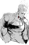  1boy blue_eyes cigarette earrings fur-trimmed_jacket fur_trim highres jacket jacket_on_shoulders jean_pierre_polnareff jewelry jojo_no_kimyou_na_bouken large_pectorals male_focus monochrome pectoral_cleavage pectorals smoking solo spot_color tariah_furlow 