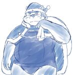 anthro belly blush canid canine canis cape christmas christmas_clothing christmas_headwear clothing domestic_dog eyebrows hat headgear headwear hi_res holidays lifewonders live-a-hero male mammal mokdai navel overweight santa_hat school_swimsuit solo swimwear thick_eyebrows tight_clothing video_games yaki_atsuage 