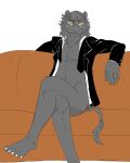  a-side agata_(beastars) anthro beastars bottomless clothed clothing crossed_legs felid fur furniture grey_body grey_fur hi_res lion looking_at_viewer male mammal mostly_nude open_clothing open_shirt open_topwear pantherine shirt shirt_only sitting sofa solo topwear topwear_only yellow_eyes 