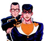  bespectacled blue_eyes blue_hair diamond_wa_kudakenai dollar_sign gakuran glasses heart higashikata_josuke jojo_no_kimyou_na_bouken nijimura_okuyasu orange_lips peace_symbol pompadour school_uniform smile tariah_furlow yen_sign 