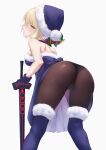  1girl absurdres artoria_pendragon_(fate) ass bangs bare_shoulders black_santa_costume blonde_hair blush breasts excalibur_morgan_(fate) fate/grand_order fate_(series) highres long_hair looking_at_viewer looking_back okuma707 santa_alter santa_costume solo sword weapon yellow_eyes 