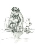 anthro baron_engel bdsm bent_legs big_breasts bondage bound bow_ribbon breasts chandra doll ears_down female graphite_(artwork) hi_res lagomorph leporid looking_at_viewer mammal nude pencil_(artwork) pillow pivoted_ears rabbit ribbon_bondage ribbons simple_background smile solo traditional_media_(artwork) white_background 