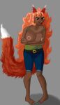  absurd_res animal_humanoid anthro barefoot big_breasts breasts canid canid_humanoid canine canine_humanoid clawed_toes clothed clothing dark_body dark_skin digital_media_(artwork) feet female fluffy fluffy_tail fox fox_humanoid fur hair hi_res humanoid long_hair looking_at_viewer mammal mammal_humanoid nipples open_mouth red_hair simple_background skimpy solo terraria zoologist_(terraria) 