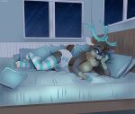  anthro antlers bed cervid clothing diaper footwear furniture hand_on_face hooves horn looking_at_viewer lying male mammal night on_side pillow shirtless sky smile socks solo star strawberryneko window 