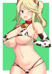  alice_gear_aegis animal_ears animal_print ass_visible_through_thighs bangs bare_shoulders bell bikini blonde_hair blue_eyes blush breast_hold breasts collar covered_nipples cow_ears cow_horns cow_print cowbell cowboy_shot elbow_gloves gloves green_background guchiaki horns large_breasts long_hair micro_bikini navel neck_bell one_eye_closed open_mouth outside_border shirley_oakley side_ponytail simple_background skindentation smile strap_gap swept_bangs swimsuit tsurime underboob 