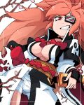  1girl baiken bandages big_hair black_nails branch breasts cleavage cowboy_shot eyepatch guilty_gear highres looking_at_viewer medium_breasts parted_lips pink_hair ponytail red_eyes red_rope rope scar scott_malin shadow solo 