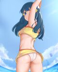  1girl absurdres arms_up ass bangs blue_eyes blue_hair breasts closed_mouth cloud commentary_request cowboy_shot dawn_(pokemon) day eyelashes from_below hair_ornament hairclip highres long_hair looking_back mockingeu outdoors pokemon pokemon_(game) pokemon_dppt sidelocks sky solo swimsuit water 