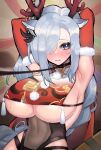  1girl absurdres animal_ears antlers armpits black_choker blue_eyes blue_hair blush breasts bright_pupils choker christmas chung1000 closed_mouth genshin_impact hair_over_one_eye highres kemonomimi_mode leash leotard long_hair looking_at_viewer navel no_bra one_eye_covered revealing_clothes shenhe_(genshin_impact) solo sweat tassel underboob upper_body white_pupils 