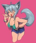  1girl ahoge animal_ear_fluff animal_ears bare_shoulders belt bikini blush bracelet breasts closed_eyes collarbone covered_nipples eyebrows_visible_through_hair eyelashes fang fingernails fox_ears fox_girl fox_shadow_puppet fox_tail green_bikini green_nails green_ribbon grey_hair hair_between_eyes hand_on_hip highres jewelry large_breasts long_fingernails medium_hair open_mouth original pink_background ribbon short_shorts shorts signature simple_background smile solo sweat swimsuit tail twitter_username waa153 