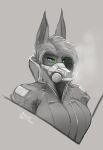  alibiwolf anthro black_and_white bust_portrait canid canine canis clothed clothing female gas_mask green_eyes herm hi_res hybrid intersex jackal mammal mask monochrome portrait sabertooth_(disambiguation) sketch solo vex_(alibiwolf) 