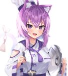  1girl :d ahoge animal_ear_fluff animal_ears bangs bell blush breasts cat_ears cat_girl cat_tail commentary_request eyebrows_visible_through_hair fang hair_between_eyes highres holding holding_ladle hololive ladle large_breasts long_sleeves looking_at_viewer medium_hair neckerchief nekomata_okayu purple_eyes purple_hair purple_neckerchief ribbon sidelocks simple_background skin_fang smile solo tail tail_bell tail_ornament tail_raised tail_ribbon upper_body virtual_youtuber white_background woogi_(duguddnr) 