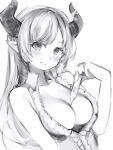  1girl bare_shoulders blush breasts cleavage closed_mouth digital_thermometer greyscale highres holding hololive horns large_breasts looking_at_viewer monochrome nanashi_(nlo) pointy_ears simple_background smile solo thermometer white_background yuzuki_choco 