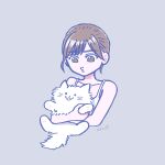  1girl :3 :d absurdres animal artist_name bangs bare_arms bare_shoulders brown_eyes brown_hair cat collarbone commentary eyebrows_visible_through_hair forehead grey_background highres holding holding_animal holding_cat looking_at_another mole mole_on_neck nogizaka46 olivia_(shkm2443) open_mouth original parted_bangs shirt short_hair simple_background smile solo tank_top upper_body white_shirt 