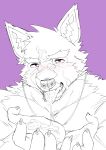  absurd_res anthro blush bodily_fluids canid canine canis cum cum_in_mouth cum_inside cum_on_hand domestic_dog genital_fluids hi_res ioenami88 lifewonders line_art live-a-hero male mammal pubraseer purple_background purple_eyes simple_background video_games 