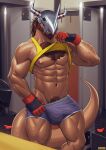  2021 abs after_exercise anthro armor bandai_namco barazoku beard big_bulge big_muscles bodily_fluids body_hair bottomwear bulge chest_hair clothed clothing digimon digimon_(species) facial_hair fan_character fingerless_gloves gloves hair handwear headgear helmet hi_res horn inside locker_room male muscular muscular_anthro muscular_male navel nipples obliques pecs pubes raised_clothing raised_shirt raised_tank_top raised_topwear raythefox shirt shorts smile solo standing sweat tank_top topwear undressing wargreymon 
