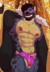  2021 abs anthro biceps black_body black_fur black_hair black_spots blue_body blue_fur bulge clothed clothing detailed_bulge erection eyebrow_piercing eyewear facial_hair facial_piercing fangs flashing front_view fur genital_outline glasses goatee green_eyes hair hi_res hyaenid jacket male mammal multicolored_body multicolored_fur muscular muscular_anthro muscular_male navel navel_piercing nipples open_mouth open_smile outside pecs penis_outline piercing pinup portrait pose quads sharp_teeth smile solo spots spotted_body spotted_fur standing teeth three-quarter_portrait topwear triceps two_tone_body two_tone_fur underwear wolfybuns 