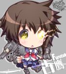  1girl blue_skirt brown_hair cannon character_name chibi furutaka_(kancolle) glowing glowing_eye hair_ornament hairclip heterochromia highres kantai_collection kuroneko_(kuroneko_works) pleated_skirt rigging school_uniform serafuku short_hair skirt solo turret yellow_eyes 