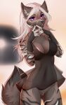  2021 5_fingers anthro areola breasts canid canine canis clothed clothing digital_media_(artwork) eyebrows eyelashes female fingers genitals hair hi_res mammal manika_nika nipples purple_eyes pussy solo white_hair wolf 