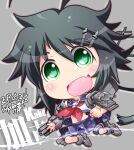  1girl adapted_turret ahoge bangs black_hair cannon character_name chibi green_eyes hair_ornament hairclip highres kako_(kancolle) kantai_collection kuroneko_(kuroneko_works) long_hair messy_hair parted_bangs ponytail rigging school_uniform serafuku smokestack solo 