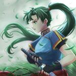  1girl blue_dress dress earrings fingerless_gloves fire_emblem fire_emblem:_the_blazing_blade gloves grass green_eyes green_hair hand_on_hilt jewelry katana leaf long_hair lyn_(fire_emblem) miraioranji overcast ponytail profile rope_belt sword weapon wind 