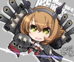  1girl black_skirt brown_hair cannon character_name chibi flipped_hair gloves green_eyes hairband headgear kantai_collection kuroneko_(kuroneko_works) mutsu_(kancolle) pleated_skirt radio_antenna red_legwear remodel_(kantai_collection) rigging short_hair skirt solo turret white_gloves 